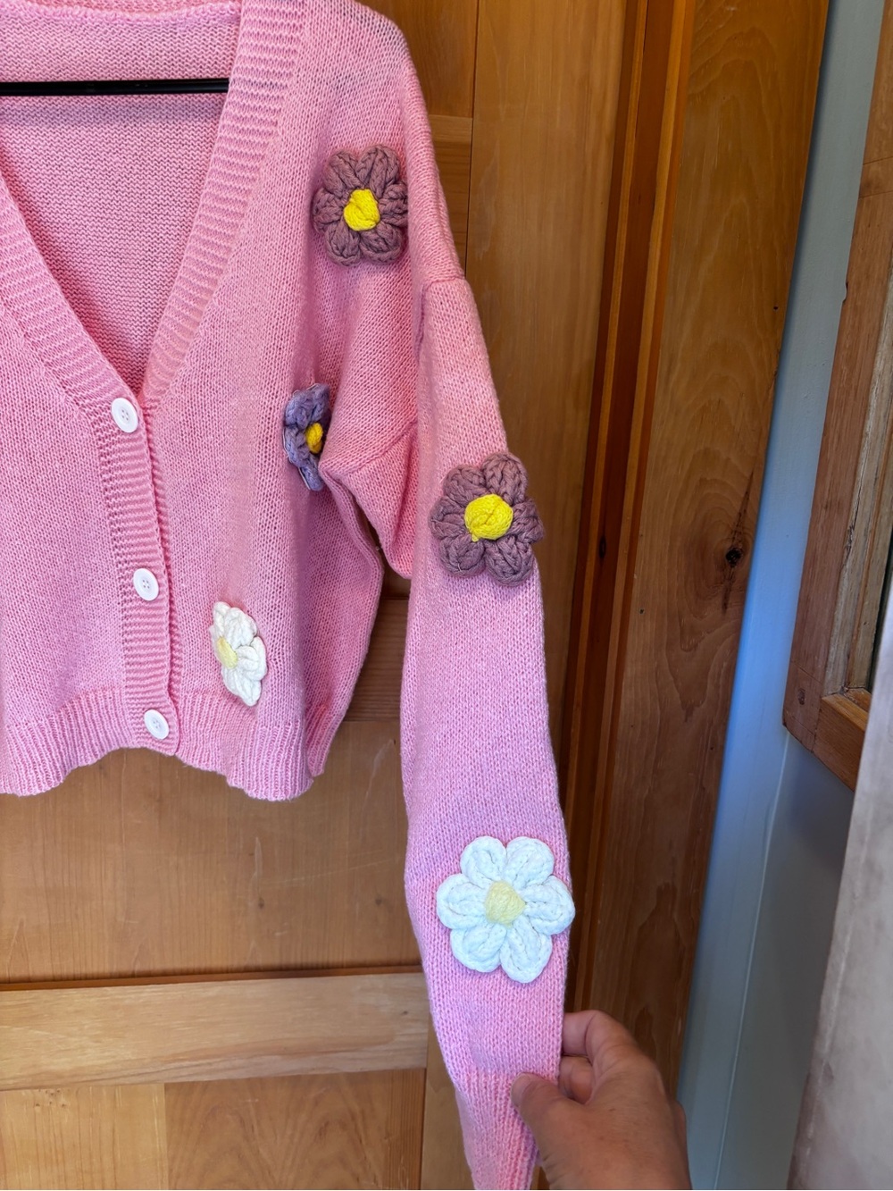 Handmade Pink Knit Flower Cardigan Sweater Cottagecore Y2K Coquette - Picture 5 of 10